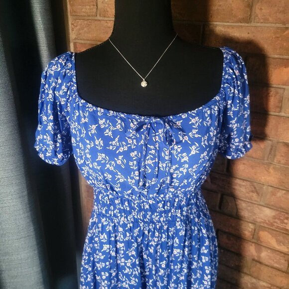 Passport Blue Floral Dress Smocked Waist Open - Sz L (fits like a Small Med) - Picture 6 of 10